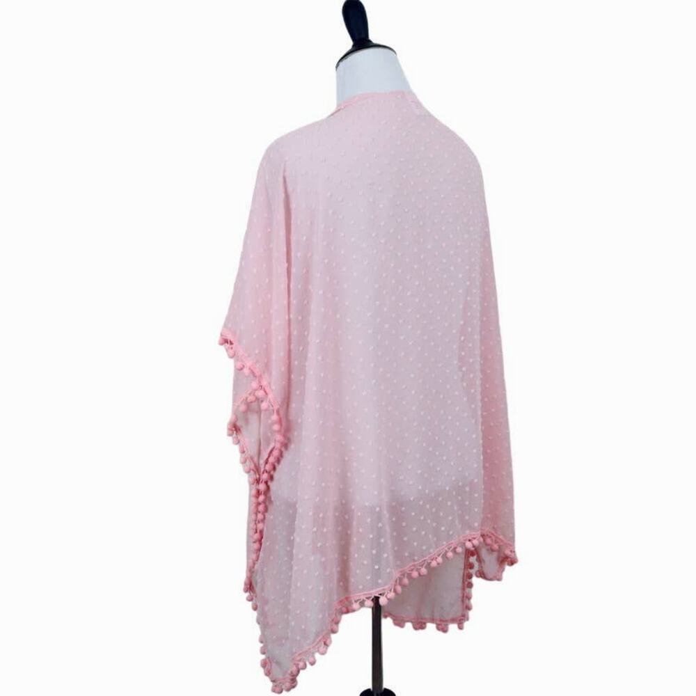 Sheer Chiffon Swiss Dot Kimono Robe One Size Negligee Pom Pom Pink - Picture 3 of 10